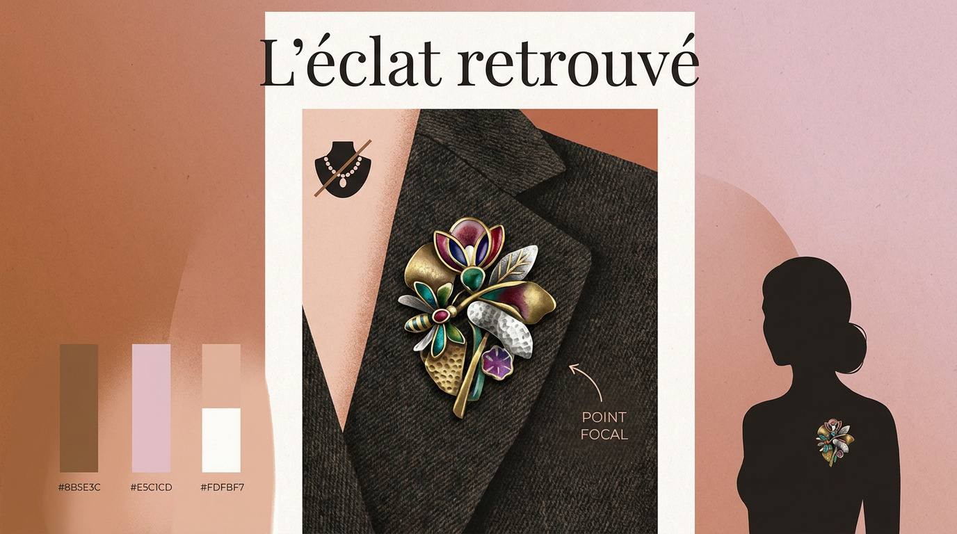 Broche fantaisie artisanale aux détails colorés sur un revers de veste sombre