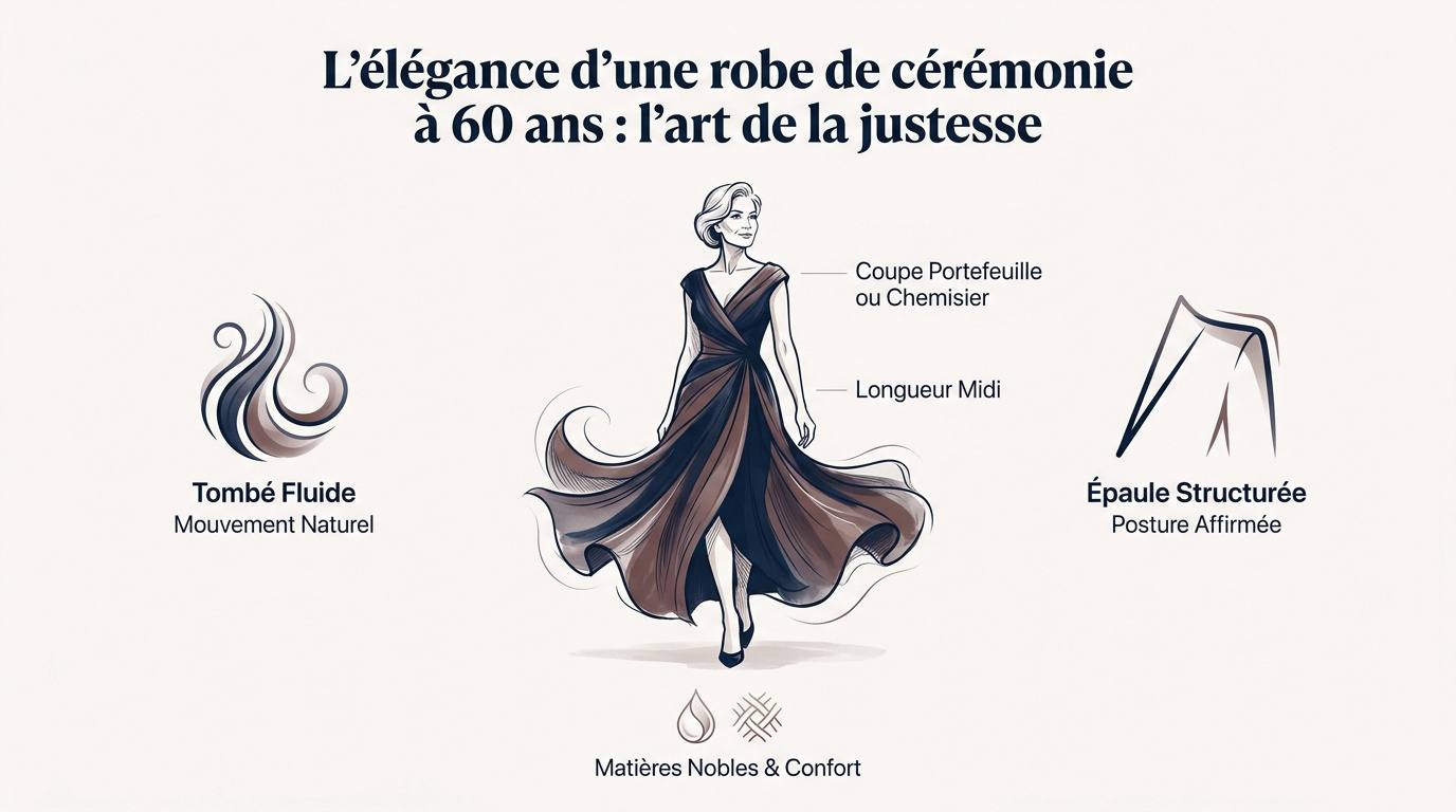 Femme élégante de 60 ans en robe de cérémonie structurée