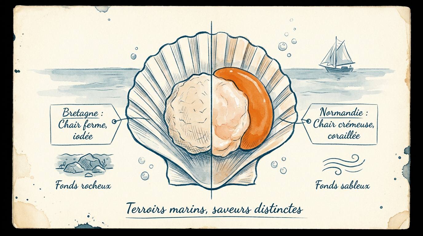 Comparaison visuelle entre une noix de Saint-Jacques bretonne blanche et une noix normande coraillée
