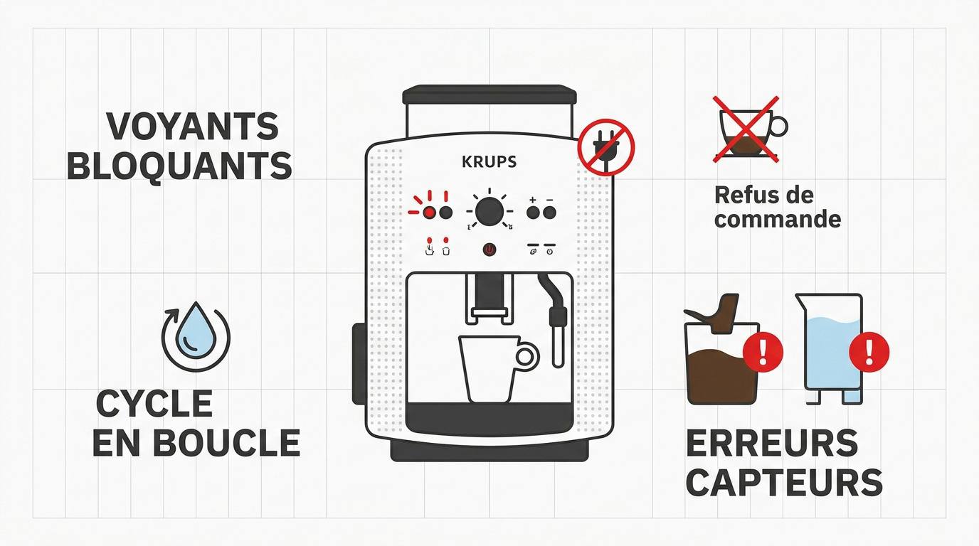 Voyants d'alerte sur une machine à café Krups à grain nécessitant une réinitialisation