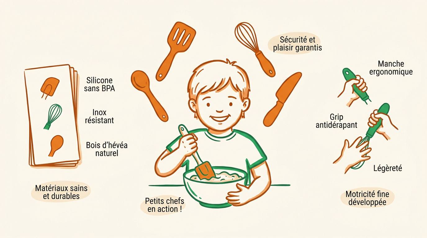 Enfant utilisant des ustensiles de cuisine sécurisés avec le sourire