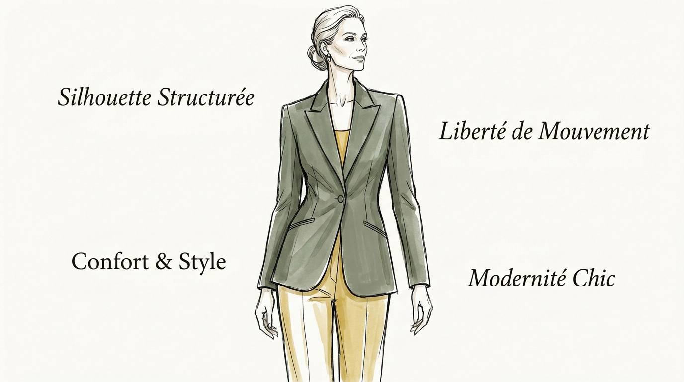 Tailleur pantalon chic et structuré pour femme de soixante ans lors d'un mariage