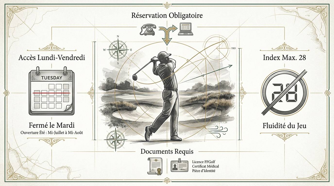 Infographie récapitulative des conditions d'accès et règles du Golf de Fontainebleau
