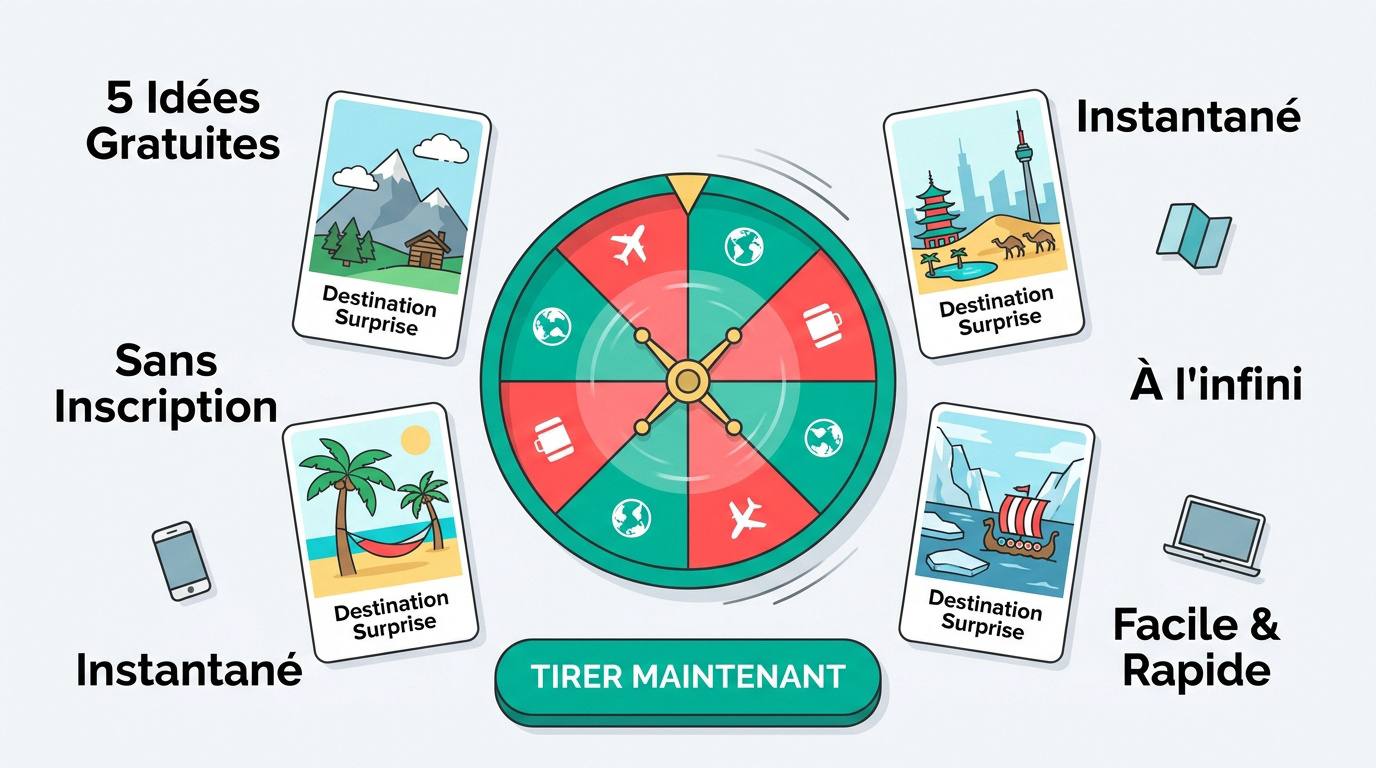 Interface interactive de la roulette de destinations pour trouver des idées de voyages aléatoires