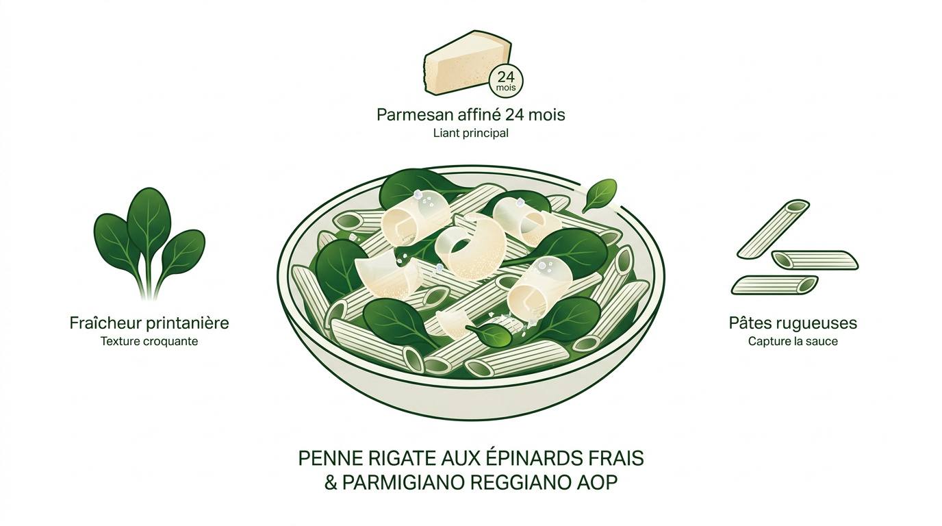 Infographie montrant des penne rigate avec des épinards frais et du Parmigiano Reggiano