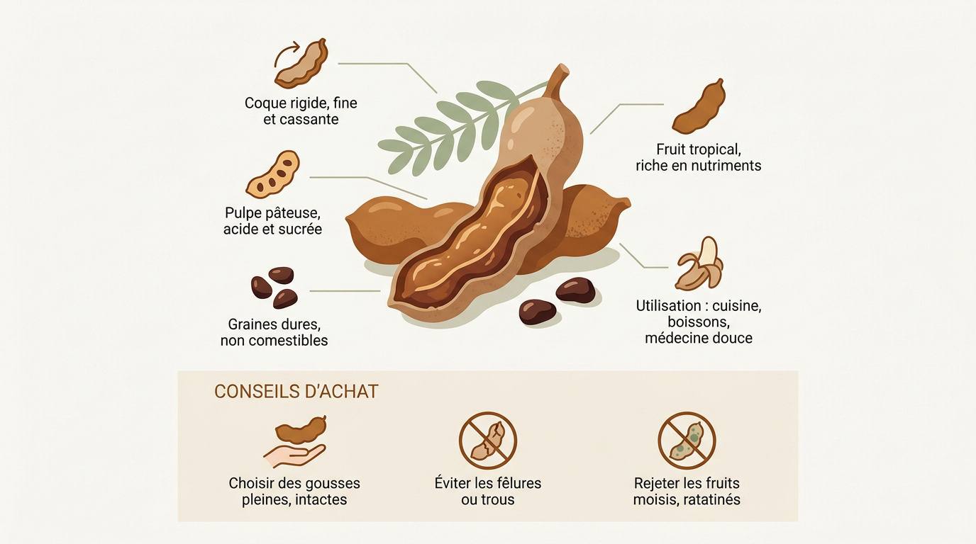 Infographie présentant les caractéristiques nutritionnelles et culinaires du tamarin