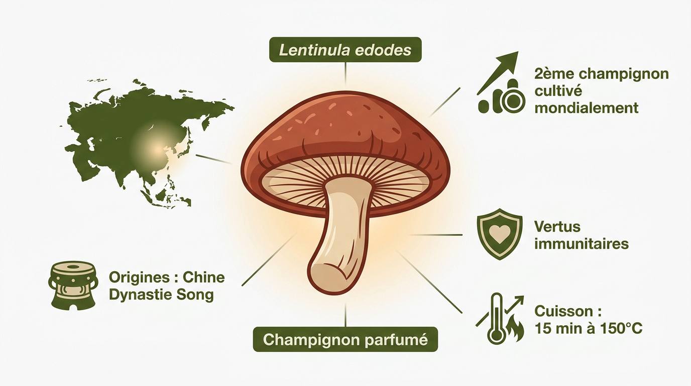 Infographie sur les origines, la morphologie et les vertus du champignon shiitake