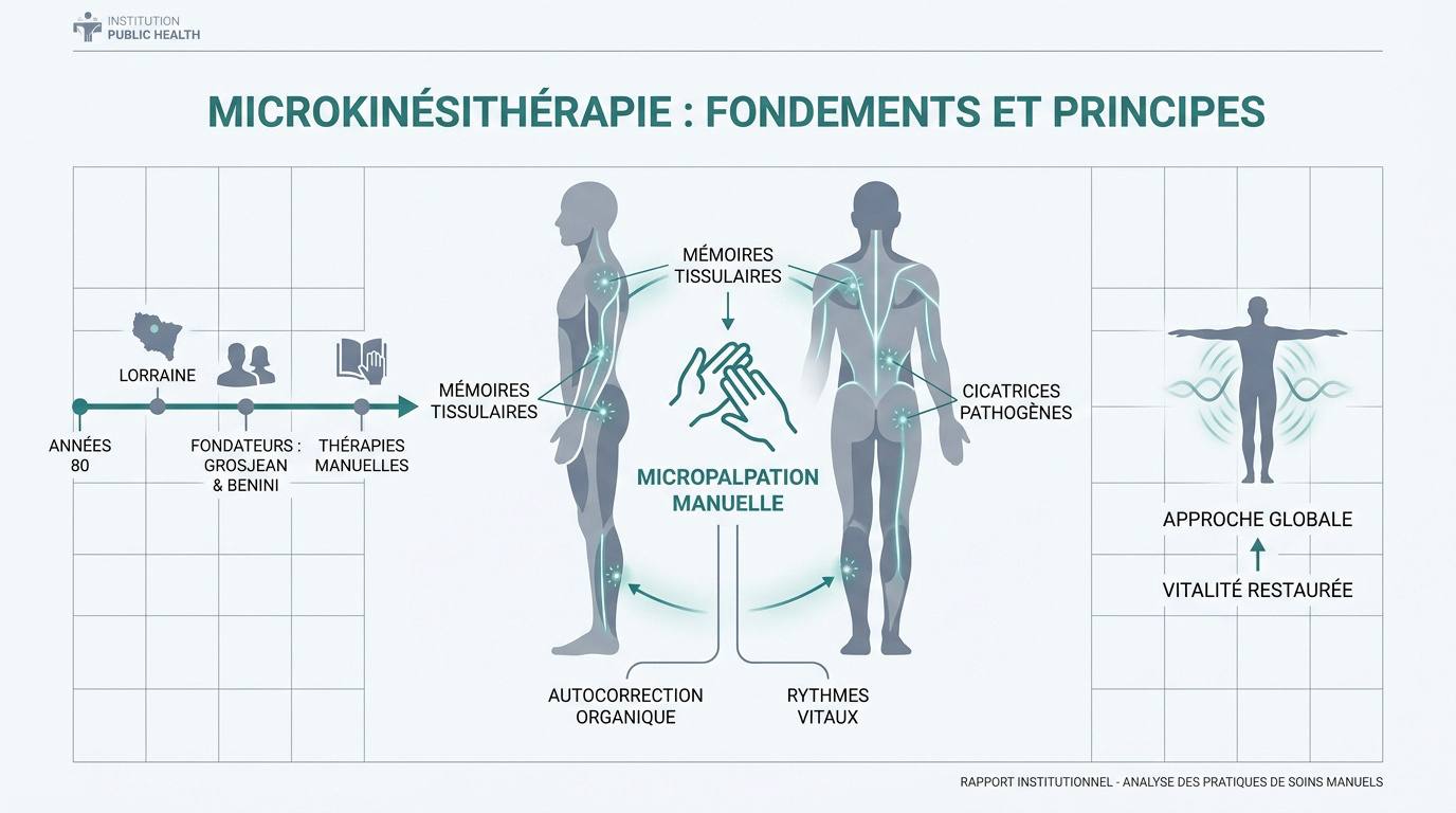 Praticien effectuant une séance de microkinésithérapie par micropalpation manuelle