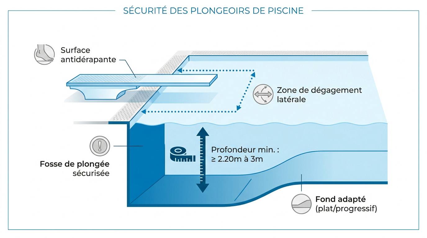 Schéma des zones de sécurité et profondeurs minimales pour l'installation d'un plongeoir de piscine