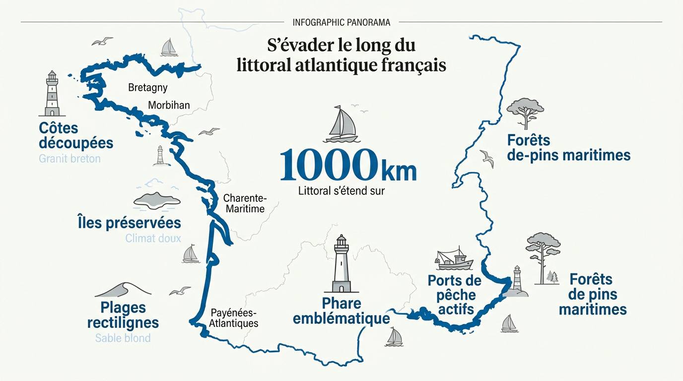 Vue panoramique du littoral atlantique français avec ses dunes et son océan bleu