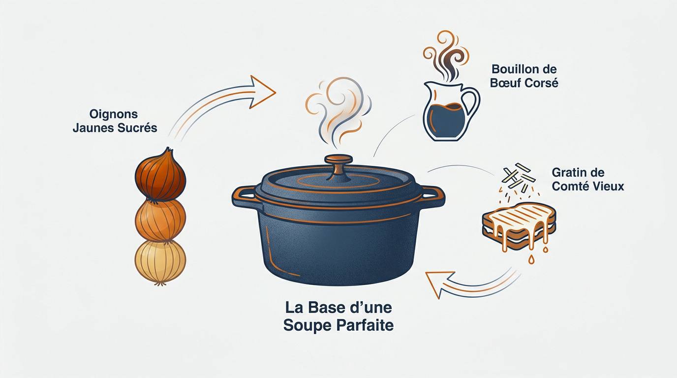 Ingrédients frais pour une soupe à l'oignon traditionnelle avec oignons jaunes et fromage