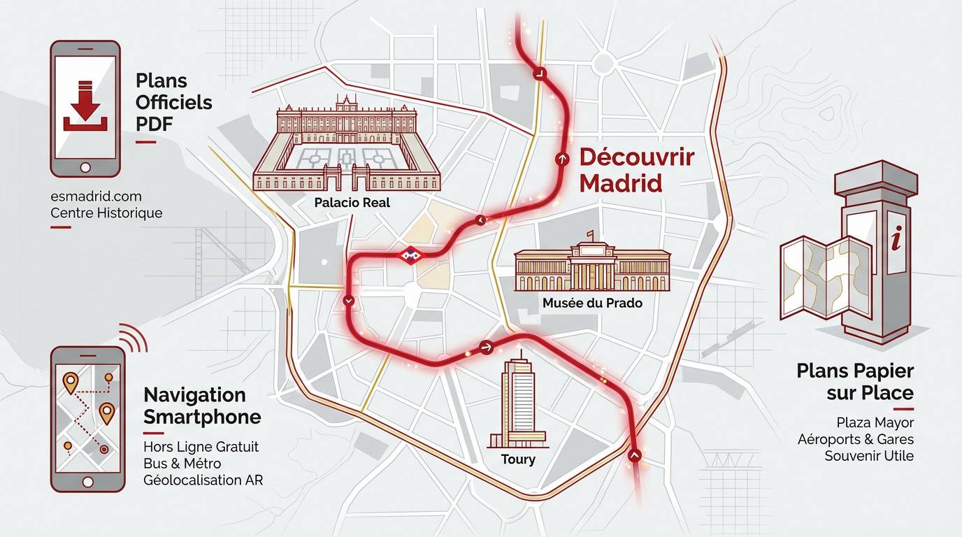 Infographie des sites touristiques majeurs de Madrid incluant le Palais Royal et le Parc du Retiro