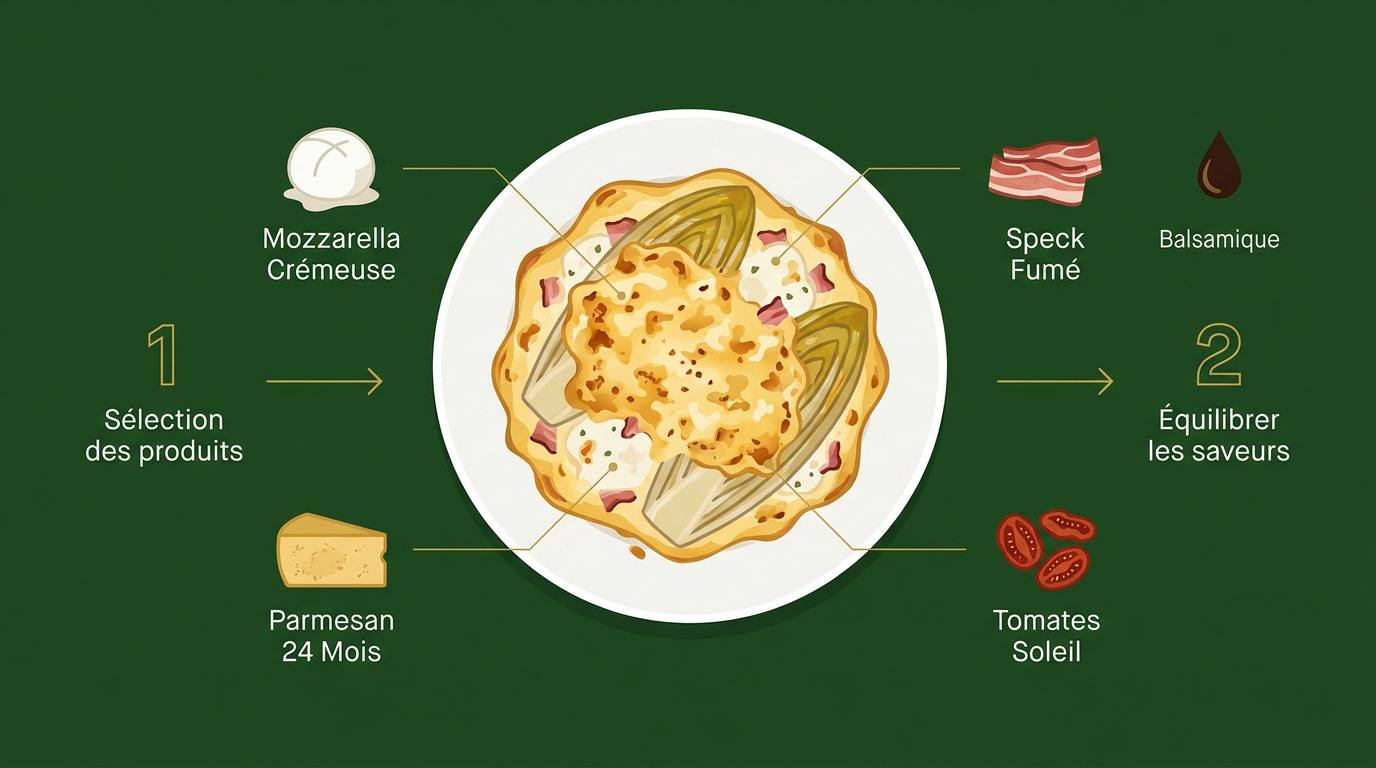 Gratin d'endives à l'italienne doré au four avec mozzarella et speck