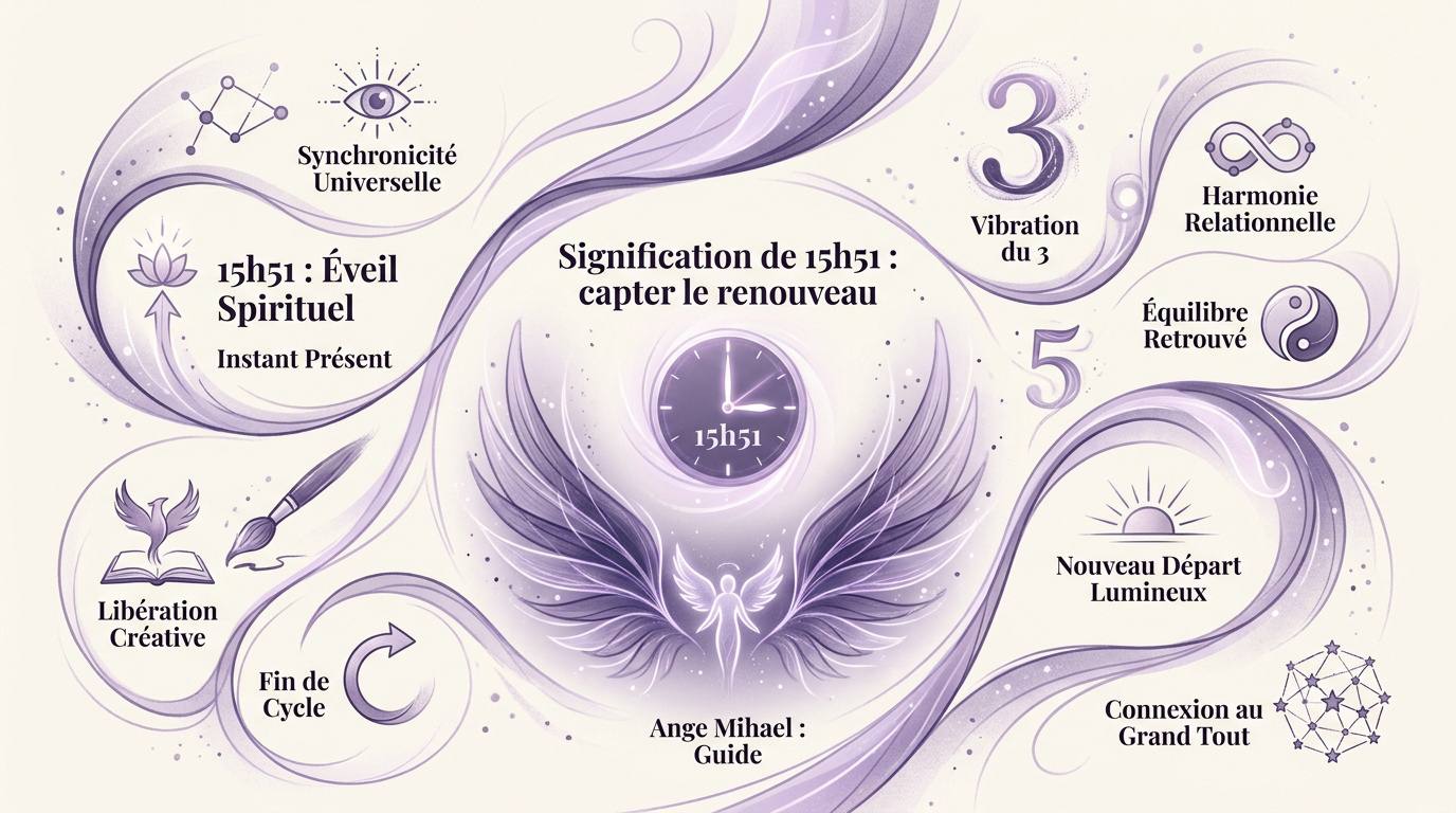 Illustration de l'heure miroir 15h51 évoquant le renouveau spirituel et la guidance de l'ange Mihael