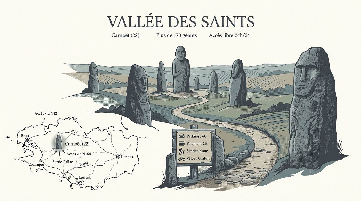 Géants de granit sculptés sur la colline de la Vallée des Saints en Bretagne