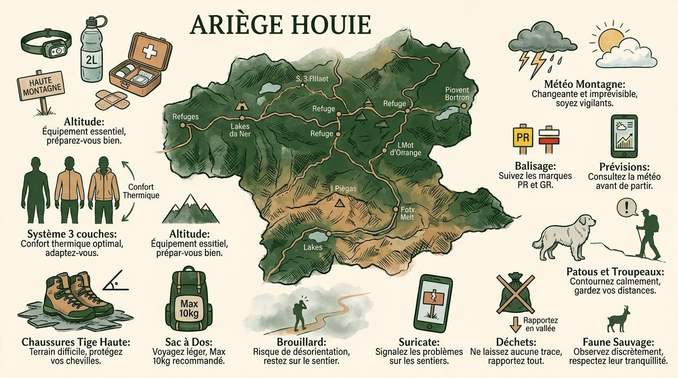 Randonneur s'équipant pour une sortie en montagne dans les Pyrénées ariégeoises