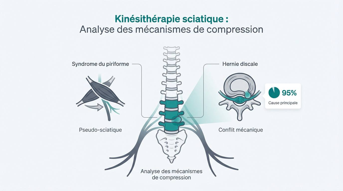 Schéma anatomique montrant la compression du nerf sciatique par une hernie discale au niveau lombaire