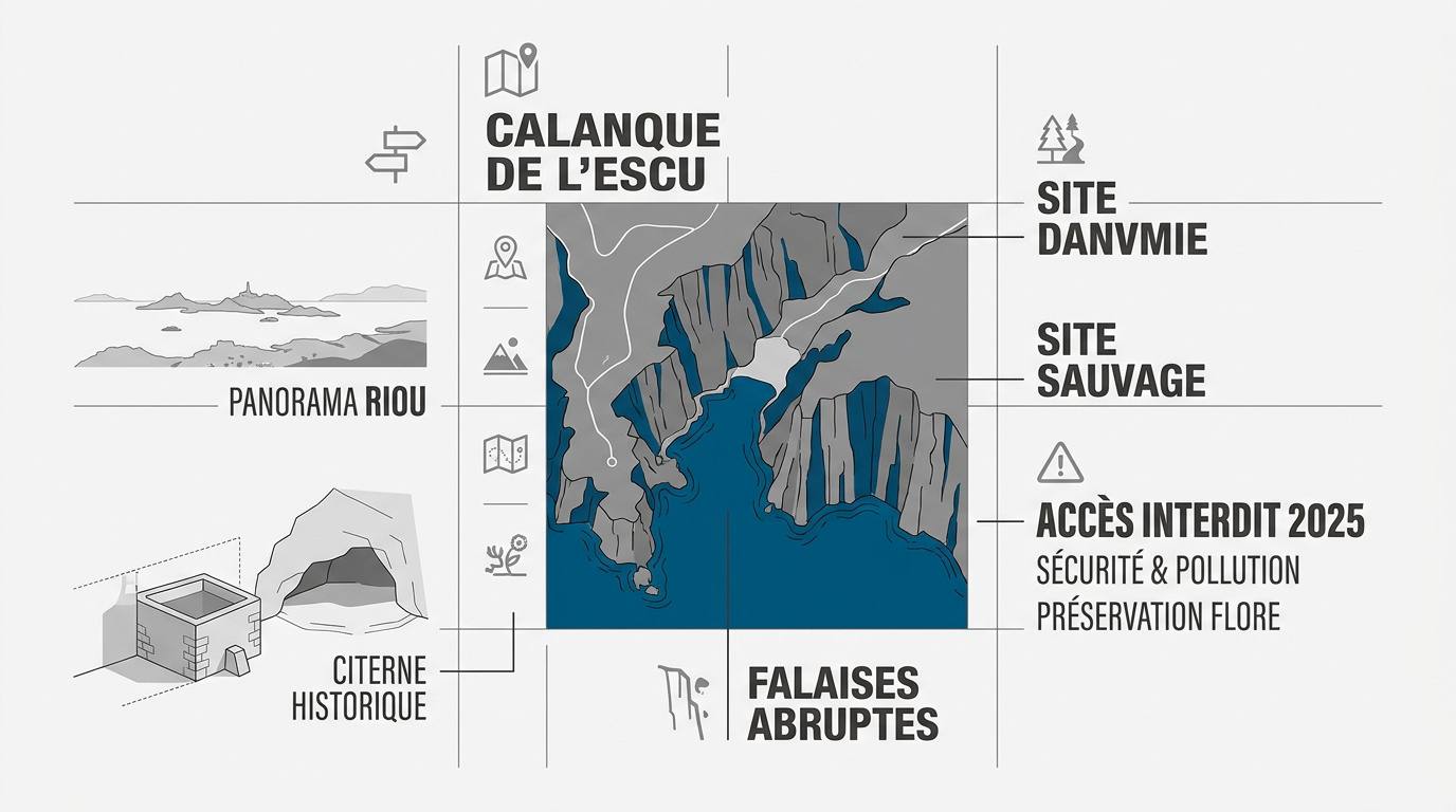 Infographie montrant la calanque de l'Escu et les restrictions d'accès en vigueur