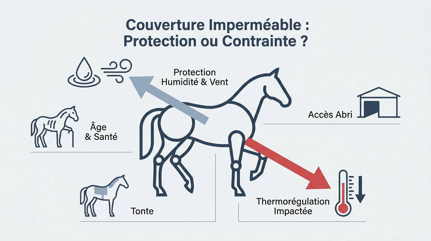 Cheval au paddock portant une couverture imperméable par temps pluvieux