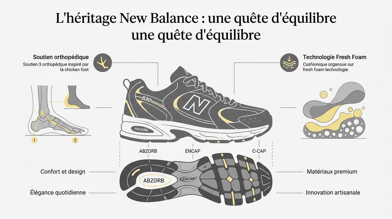 Sneakers New Balance élégantes posées sur un sol en pierre à Paris