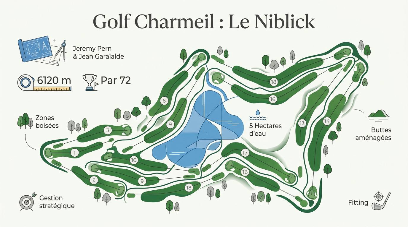 Infographie technique du parcours Le Niblick au Golf de Charmeil détaillant les obstacles d'eau et le tracé forestier