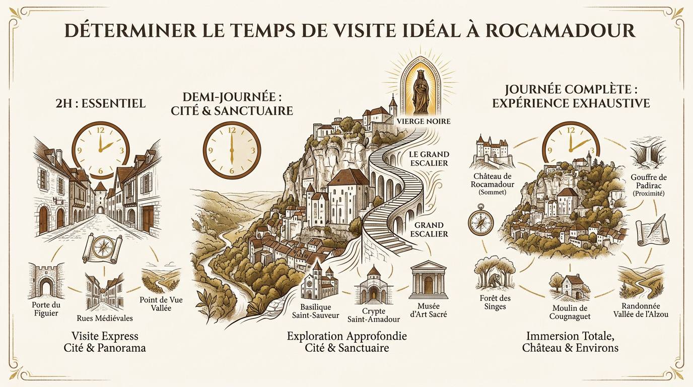 Vue panoramique de la cité médiévale de Rocamadour accrochée à la falaise