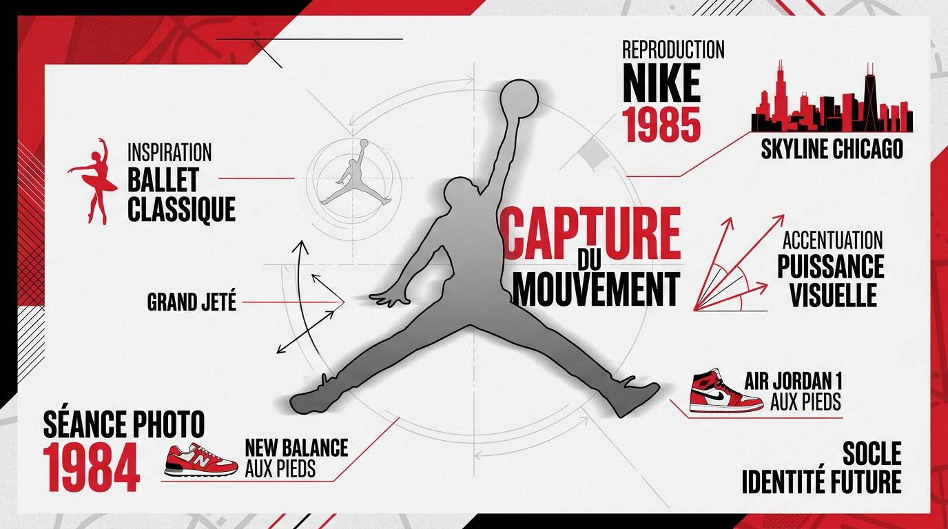 Michael Jordan effectuant le saut iconique Jumpman devant la skyline de Chicago
