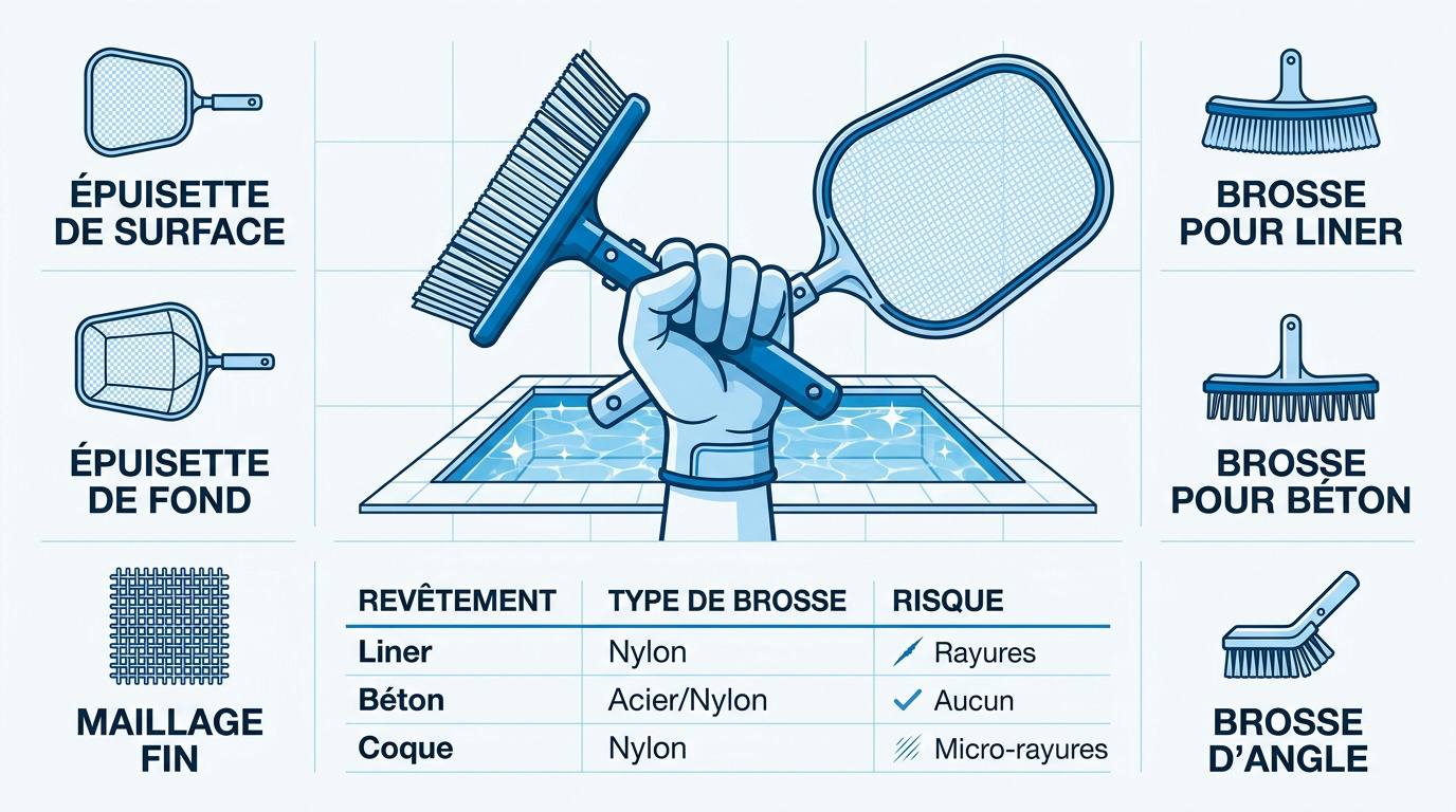 Sélection d'épuisettes et de brosses pour le nettoyage manuel d'une piscine