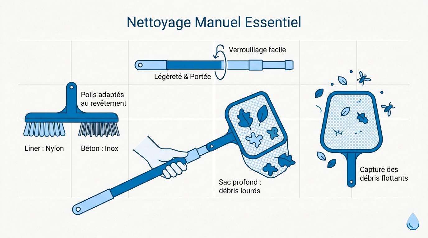 Infographie présentant les accessoires essentiels pour le nettoyage manuel d'une piscine familiale