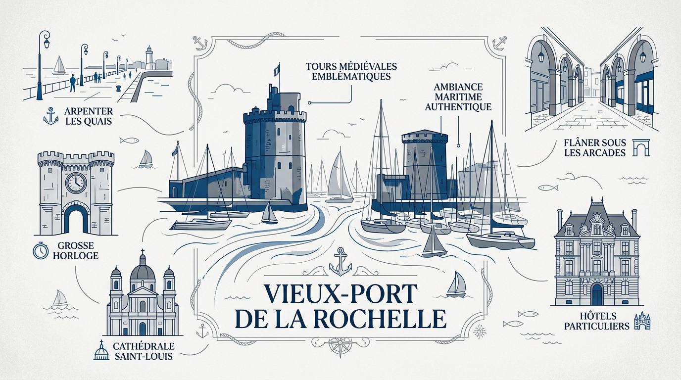 Infographie présentant le patrimoine maritime et les tours médiévales de La Rochelle