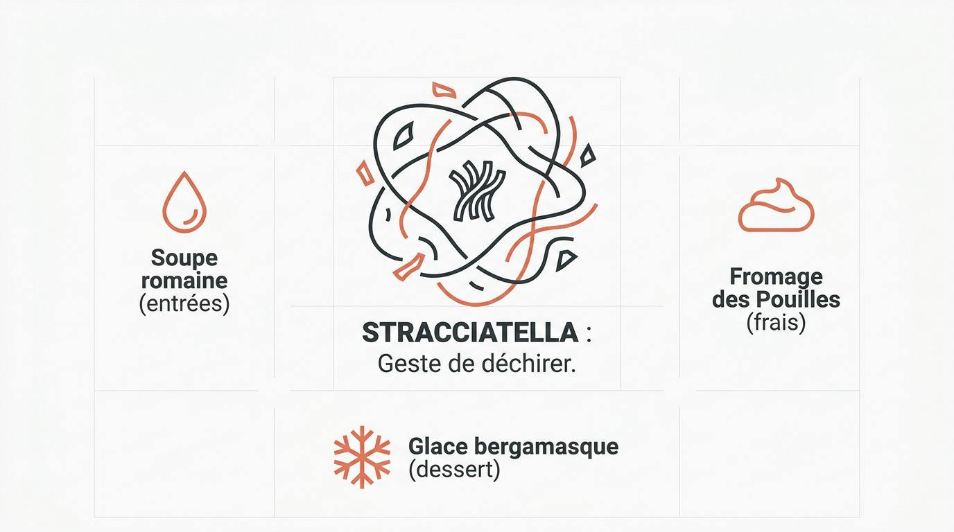 Les trois variantes de stracciatella : soupe romaine, fromage crémeux et glace aux éclats de chocolat