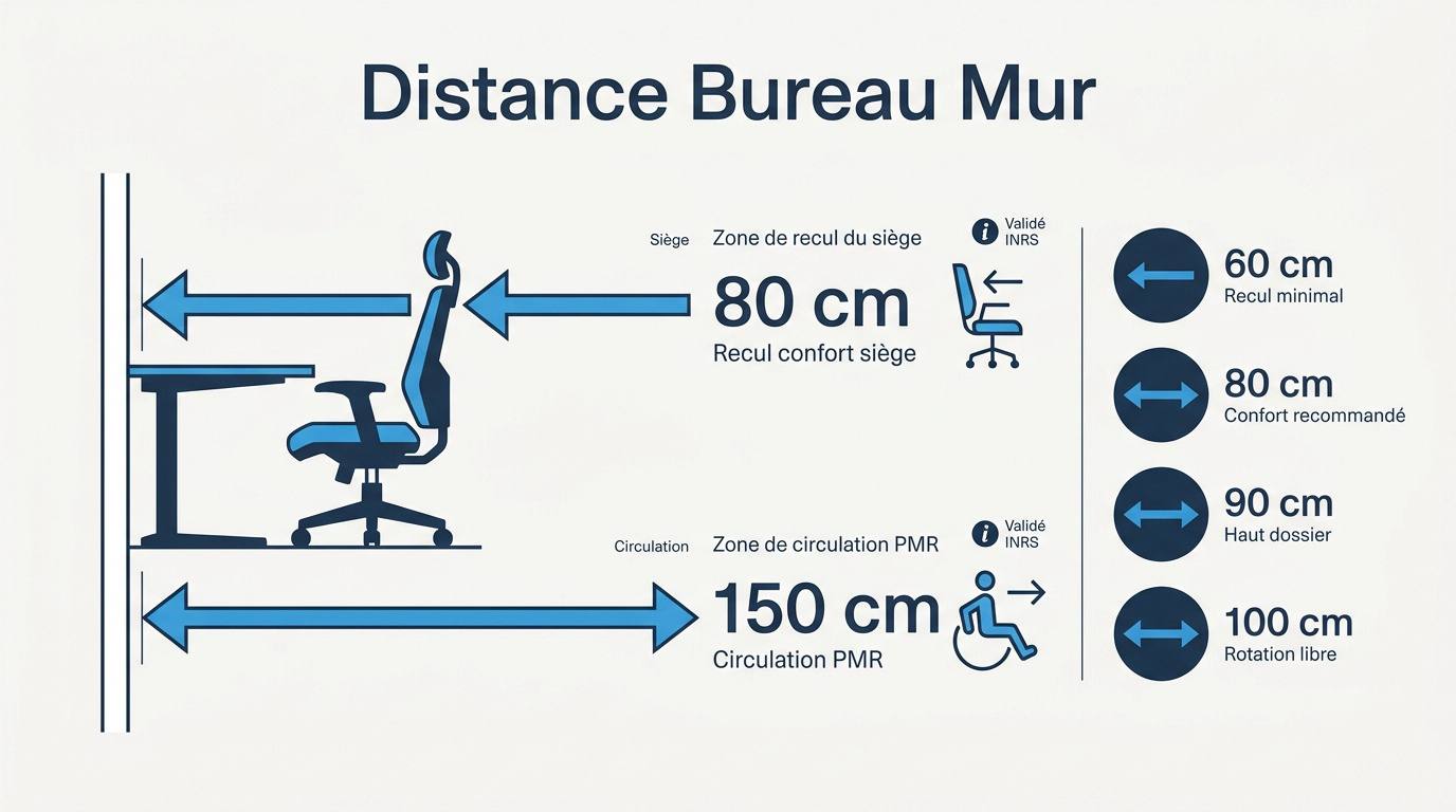Schéma des distances ergonomiques entre le bureau et le mur pour la circulation