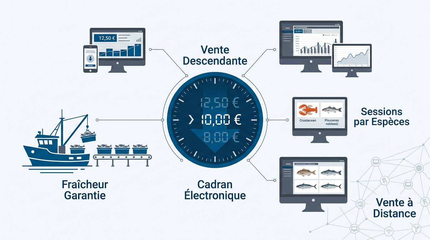 Infographie détaillant le mécanisme des enchères et le circuit du poisson à la criée de La Rochelle