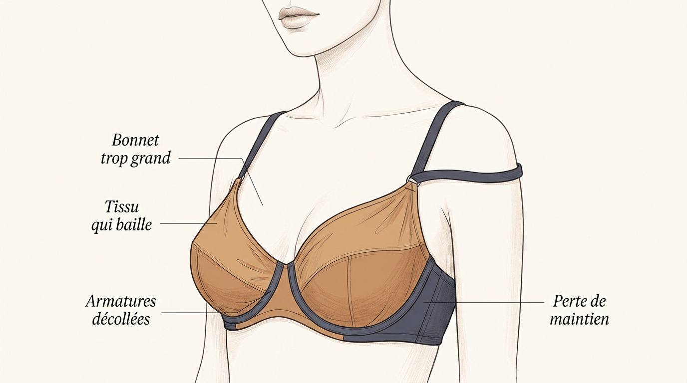 Illustration d'un soutien-gorge avec un bonnet trop grand présentant un espace vide et des plis