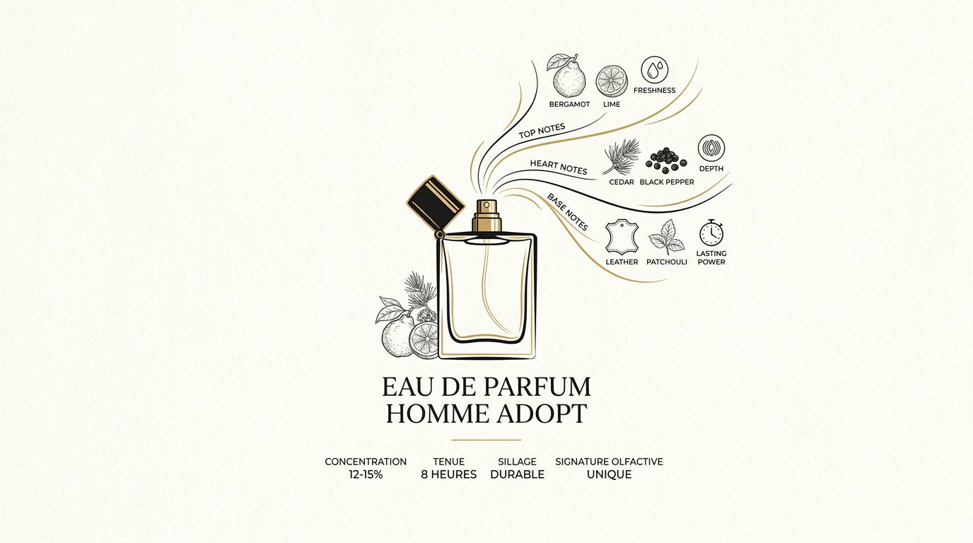 Graphique pyramide olfactive et durée de tenue des eaux de parfum Adopt homme