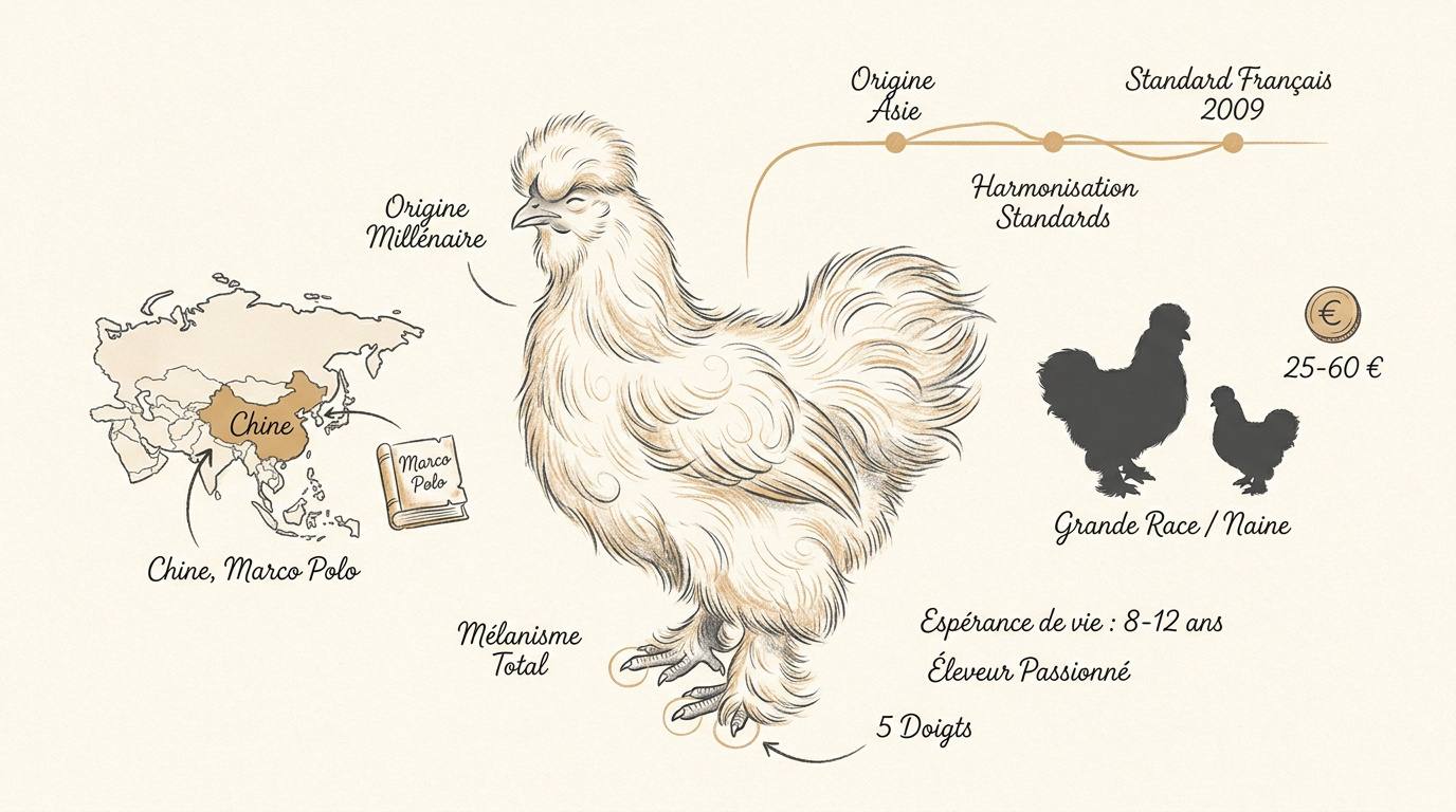 Infographie détaillant l'origine asiatique et les caractéristiques d'élevage de la poule Soie