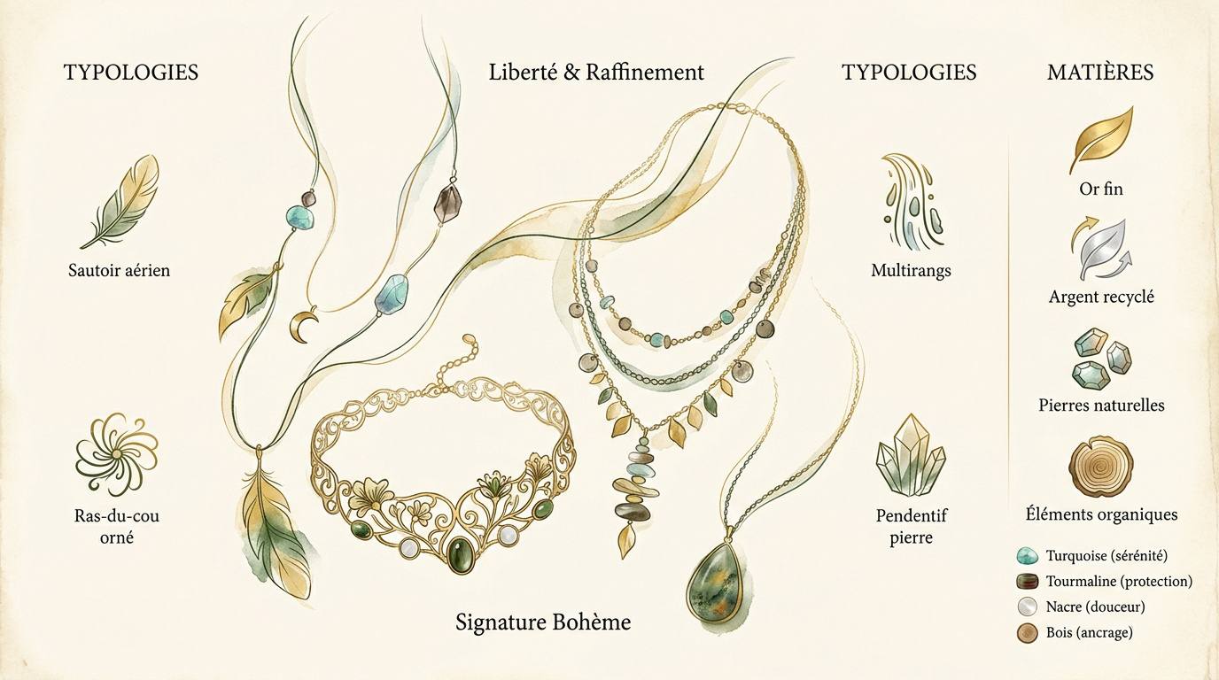 Collier bohème femme en or fin et pierres naturelles