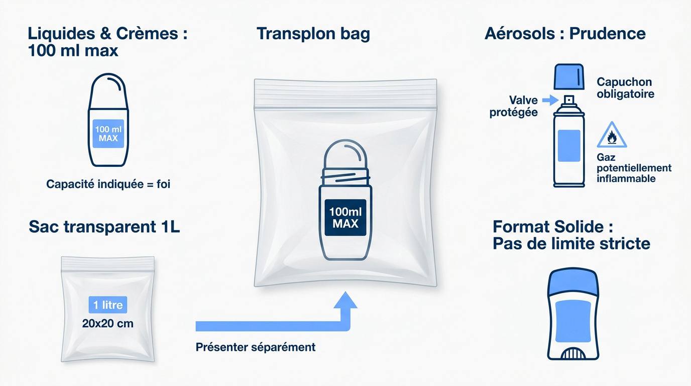 Règles de sécurité pour les liquides et déodorants en cabine d'avion