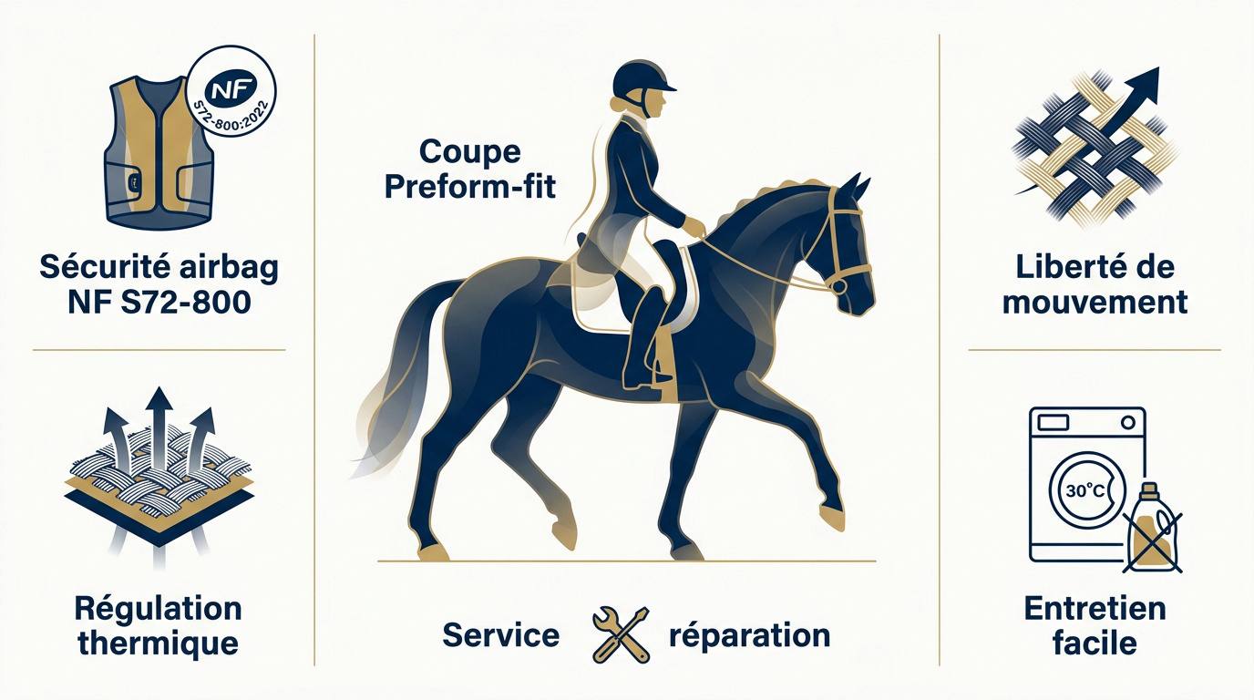 Infographie technique de l'équipement Horse Pilot montrant la coupe Preform-fit et les matériaux respirants
