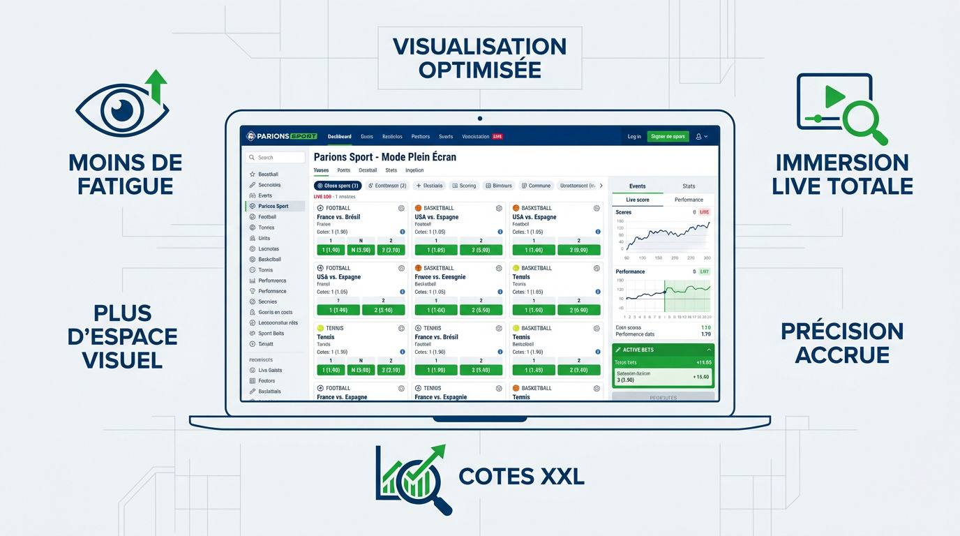 Interface de paris sportifs optimisée en mode plein écran avec cotes lisibles