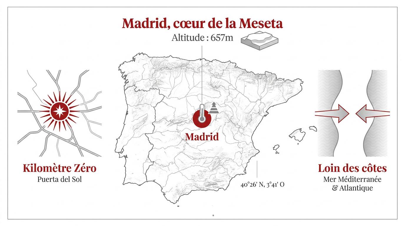 Vue aérienne de Madrid sur le plateau de la Meseta avec ses monuments emblématiques