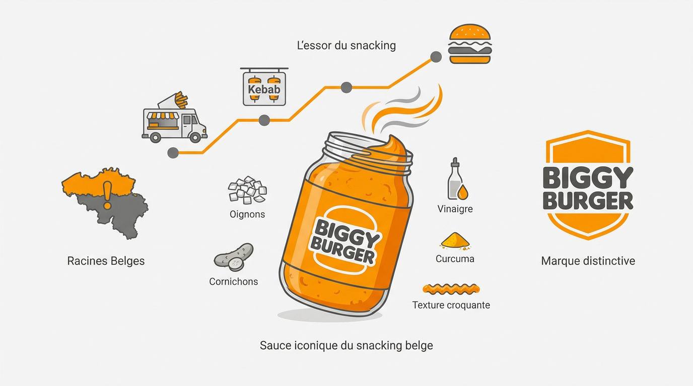 Bouteille de sauce Biggy Burger et ingrédients typiques belges comme les oignons et cornichons