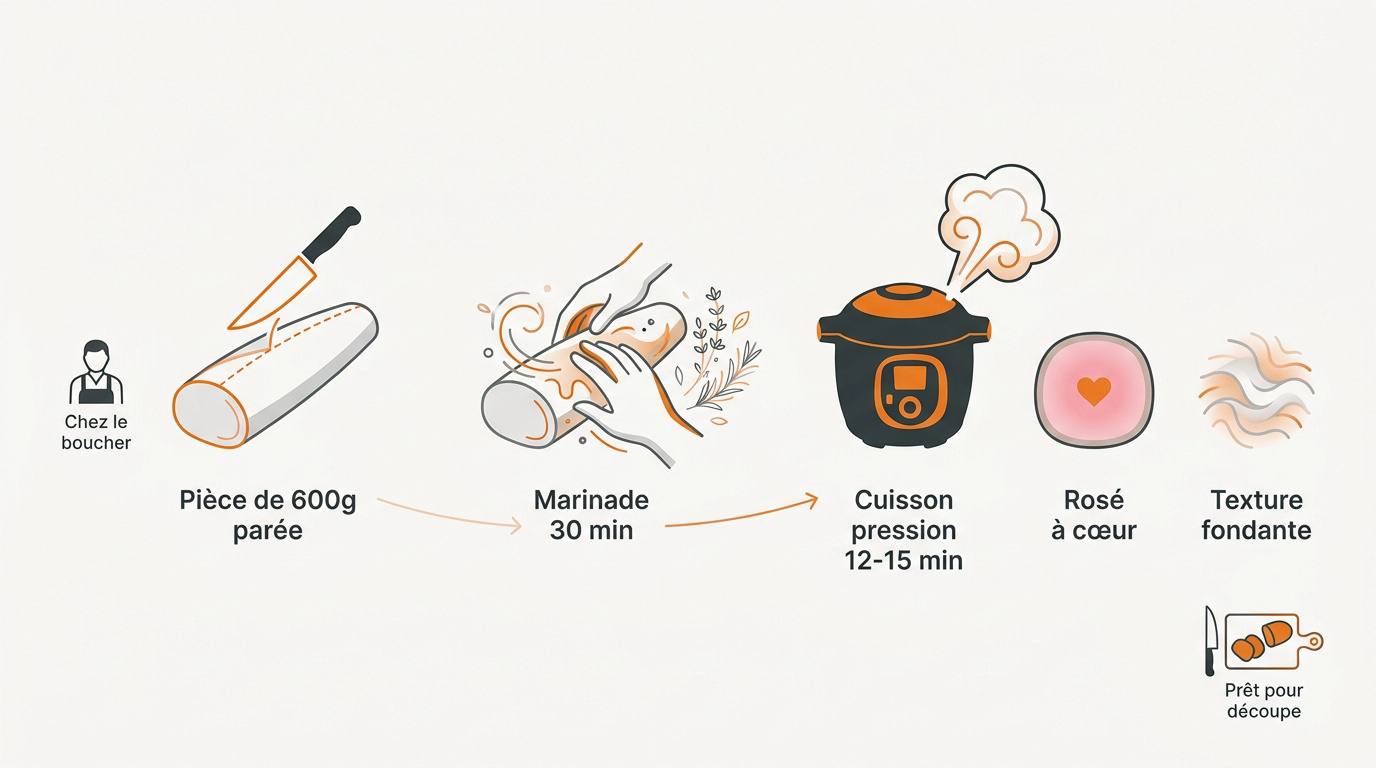 Préparation d'un filet mignon de porc frais sur une planche à découper avant cuisson au Cookeo