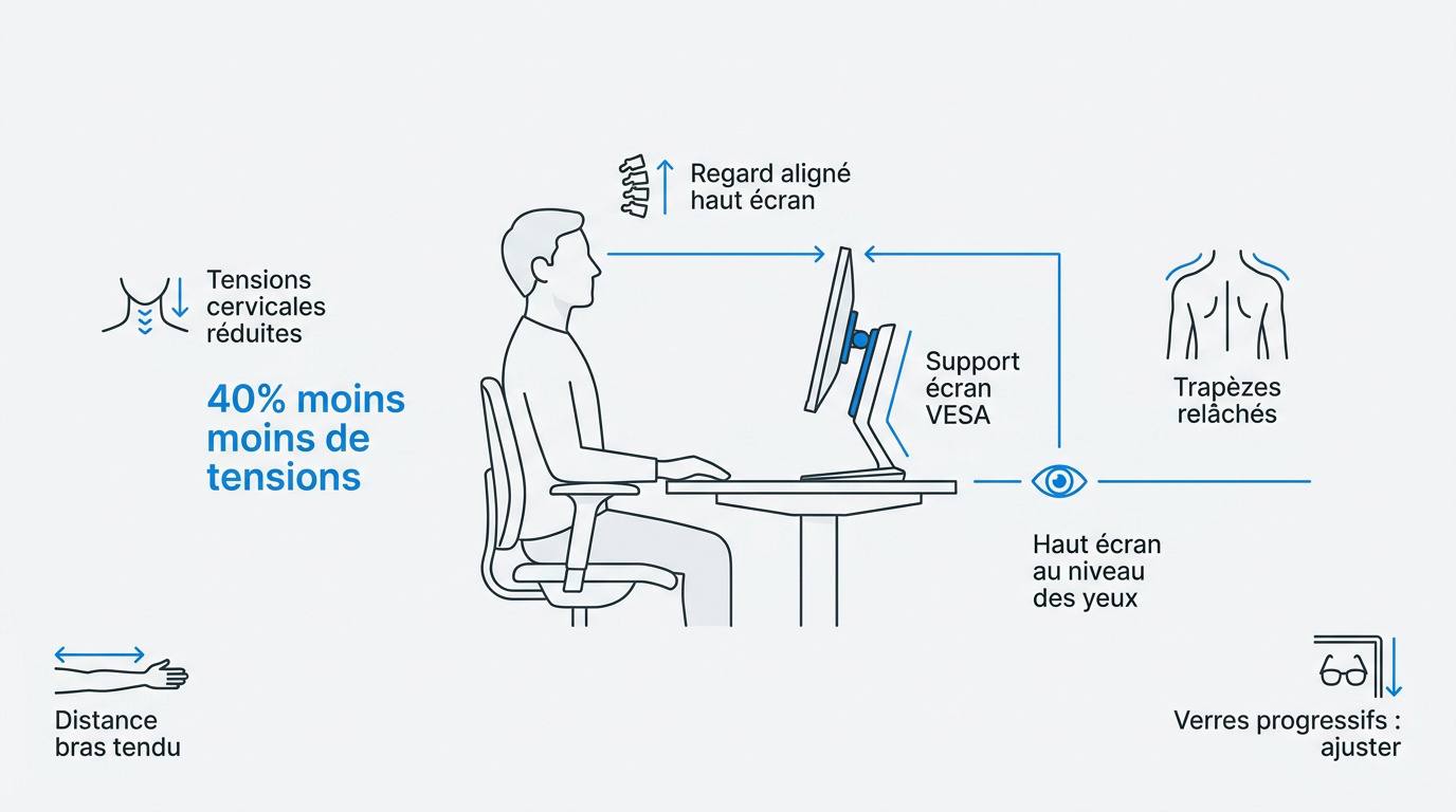 Schéma d'une posture de bureau idéale avec écran à hauteur des yeux