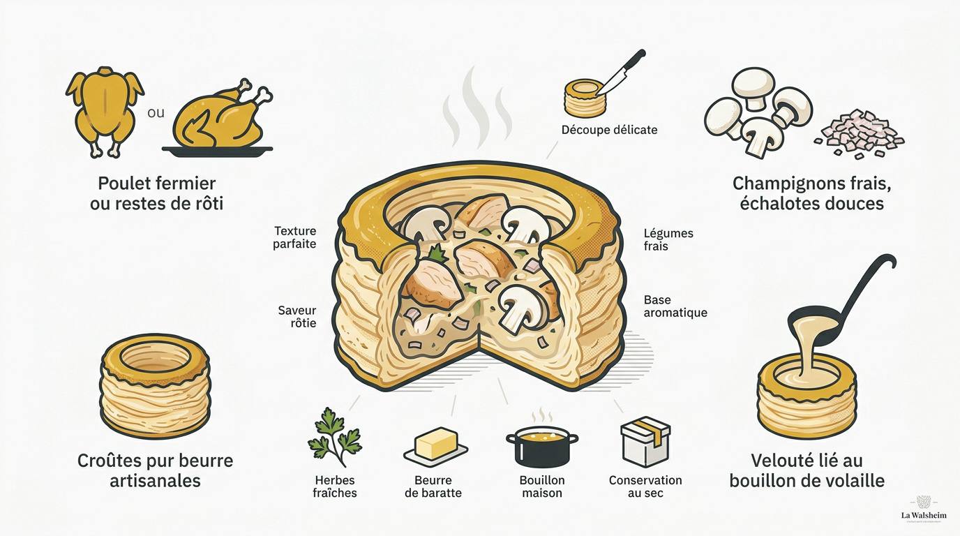 Vol-au-vent traditionnel garni de poulet et champignons