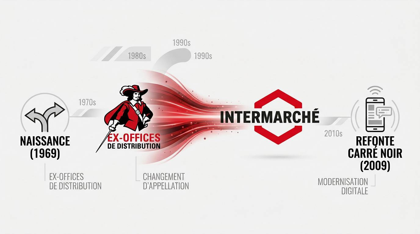 Évolution historique du logo Intermarché du mousquetaire traditionnel au design moderne de 2009