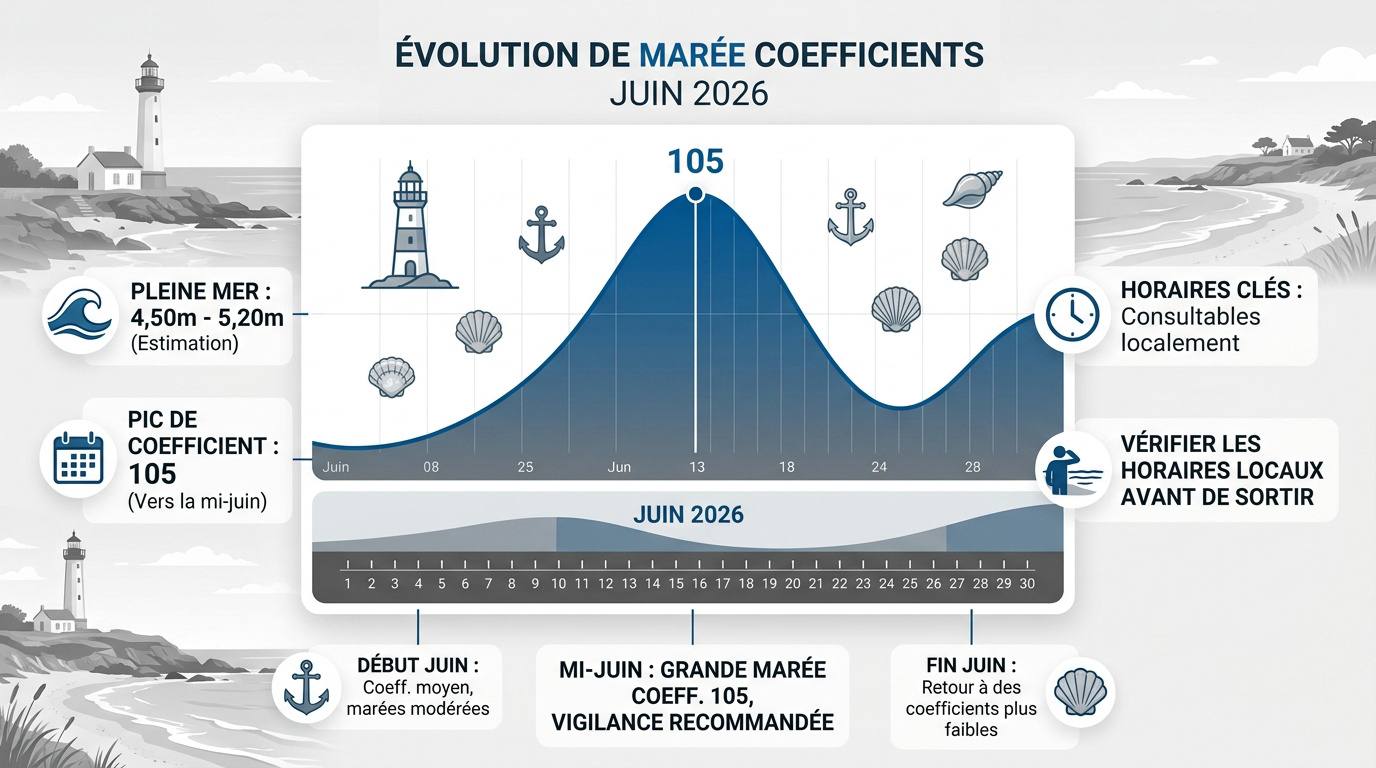 Calendrier des marées à Damgan pour le mois de juin 2026