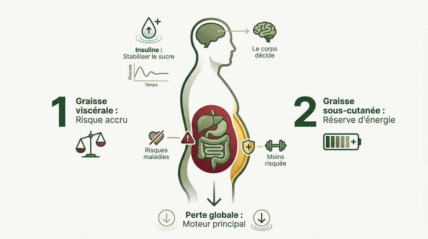 Comparaison visuelle entre la graisse viscérale profonde et la graisse sous-cutanée