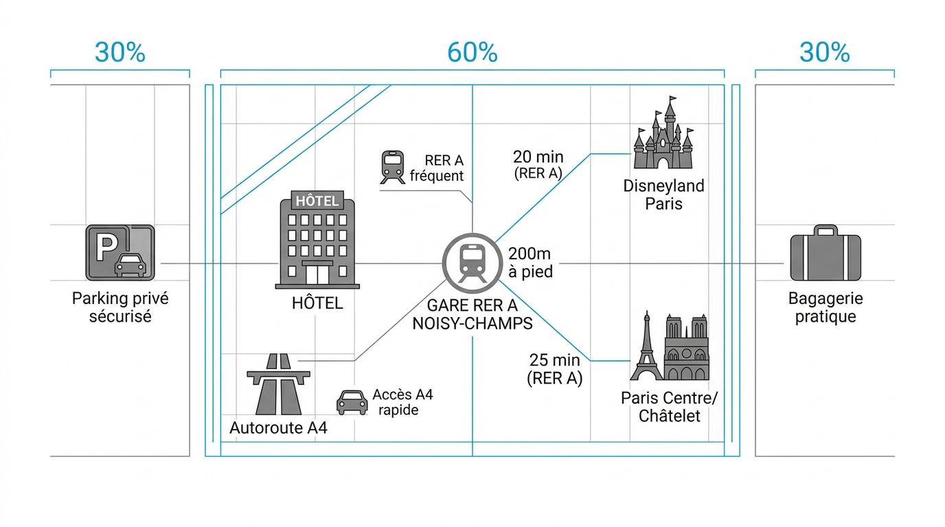 Carte des accès transports et commodités autour de l'hôtel ibis Marne-la-Vallée Champs