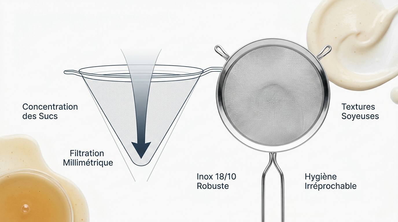 Chinois de cuisine en inox pour filtrer une sauce lisse